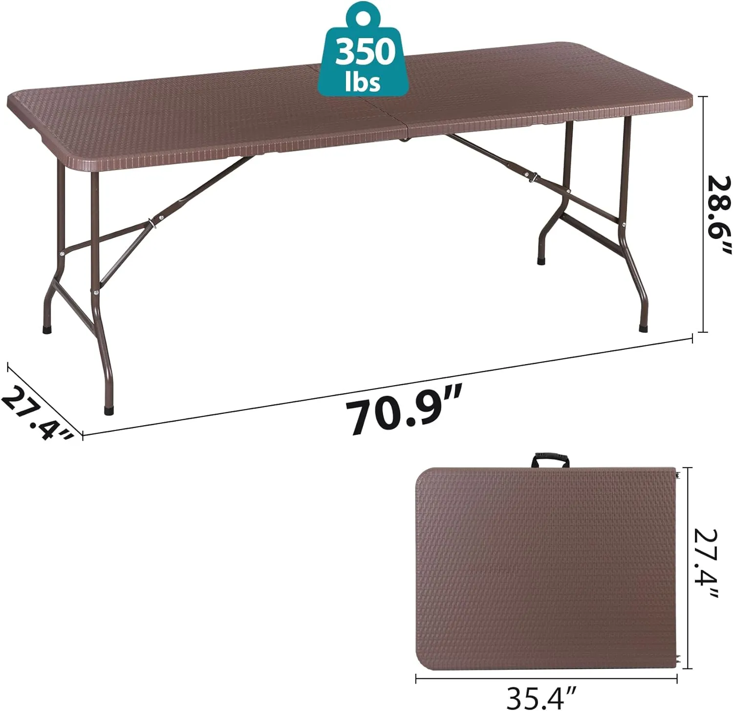 ZENY 6ft Portable Folding Table Plastic Indoor Outdoor Picnic Party Camp Dining Table with Handle (Brown, 71" x 27")