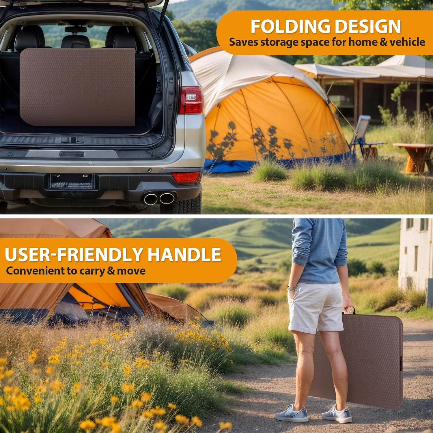ZENY 6ft Portable Folding Table Plastic Indoor Outdoor Picnic Party Camp Dining Table with Handle (Brown, 71" x 27")