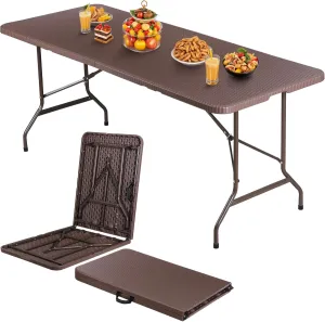 ZENY 6ft Portable Folding Table Plastic Indoor Outdoor Picnic Party Camp Dining Table with Handle (Brown, 71" x 27")