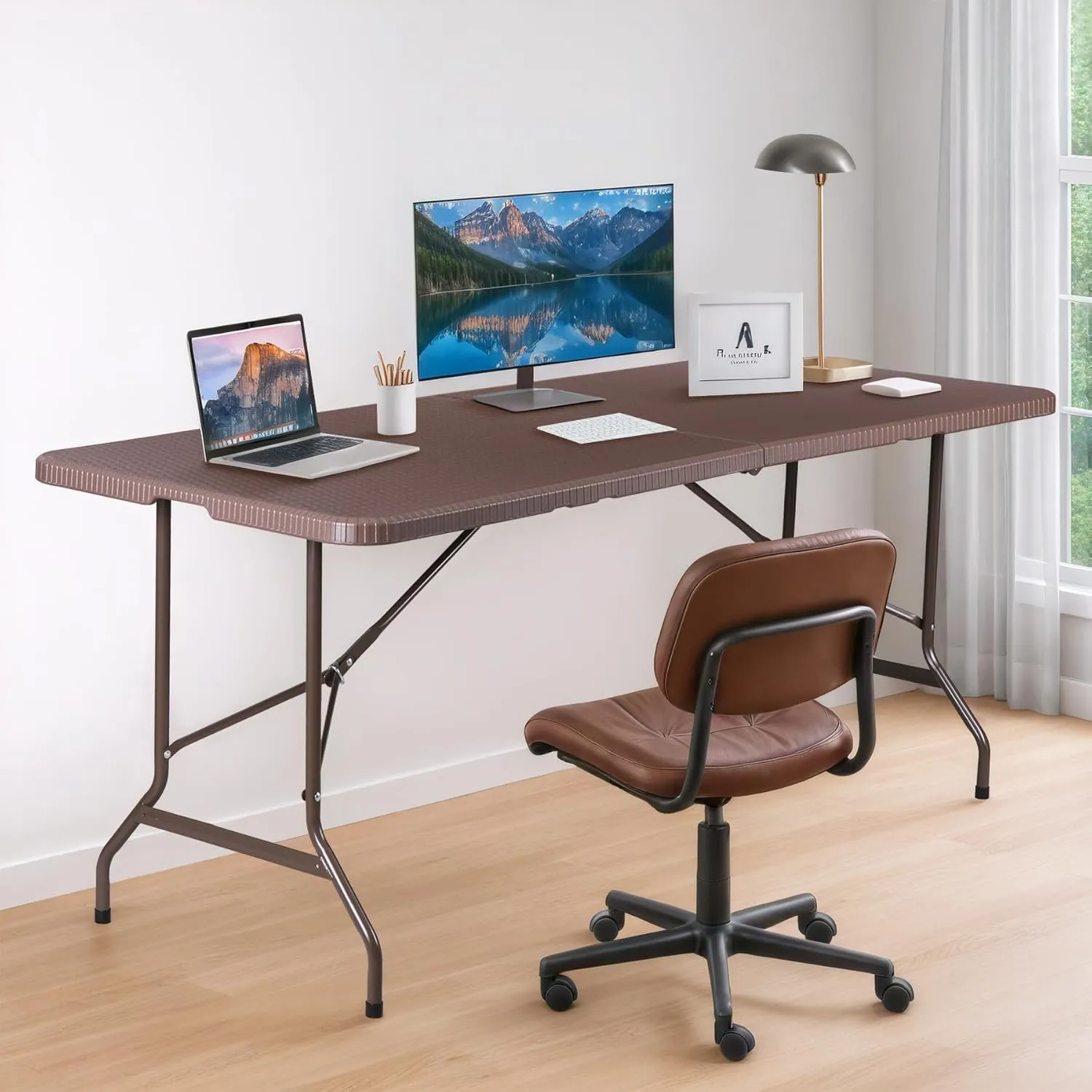 ZENY 6ft Portable Folding Table Plastic Indoor Outdoor Picnic Party Camp Dining Table with Handle (Brown, 71" x 27")