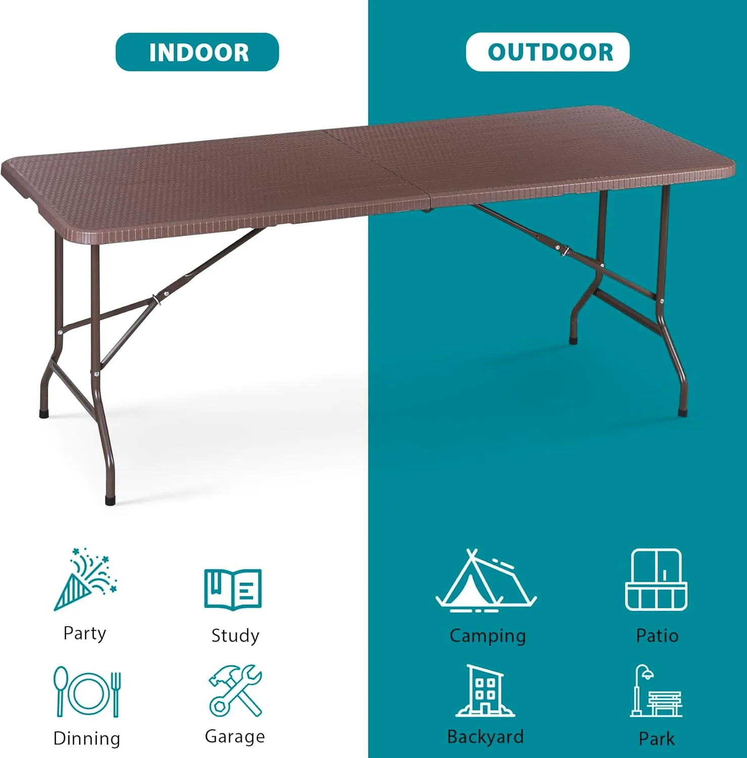 ZENY 6ft Portable Folding Table Plastic Indoor Outdoor Picnic Party Camp Dining Table with Handle (Brown, 71" x 27")