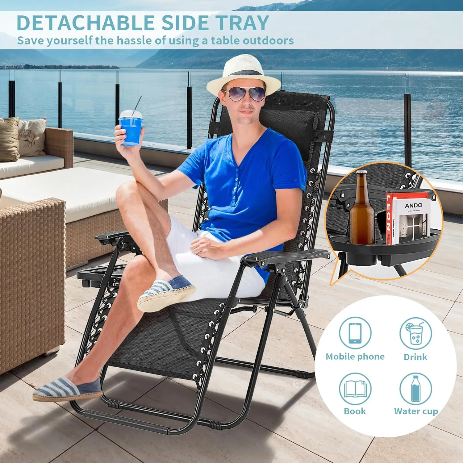 Zero Gravity Chair Set of 2, Folding Reclining zero gravity recliner lounge Chair 330lbs with Pillow and Cup Holder Trays, Steel Mesh outdoor recliners for patio Poolside Backyard Beach (Black)