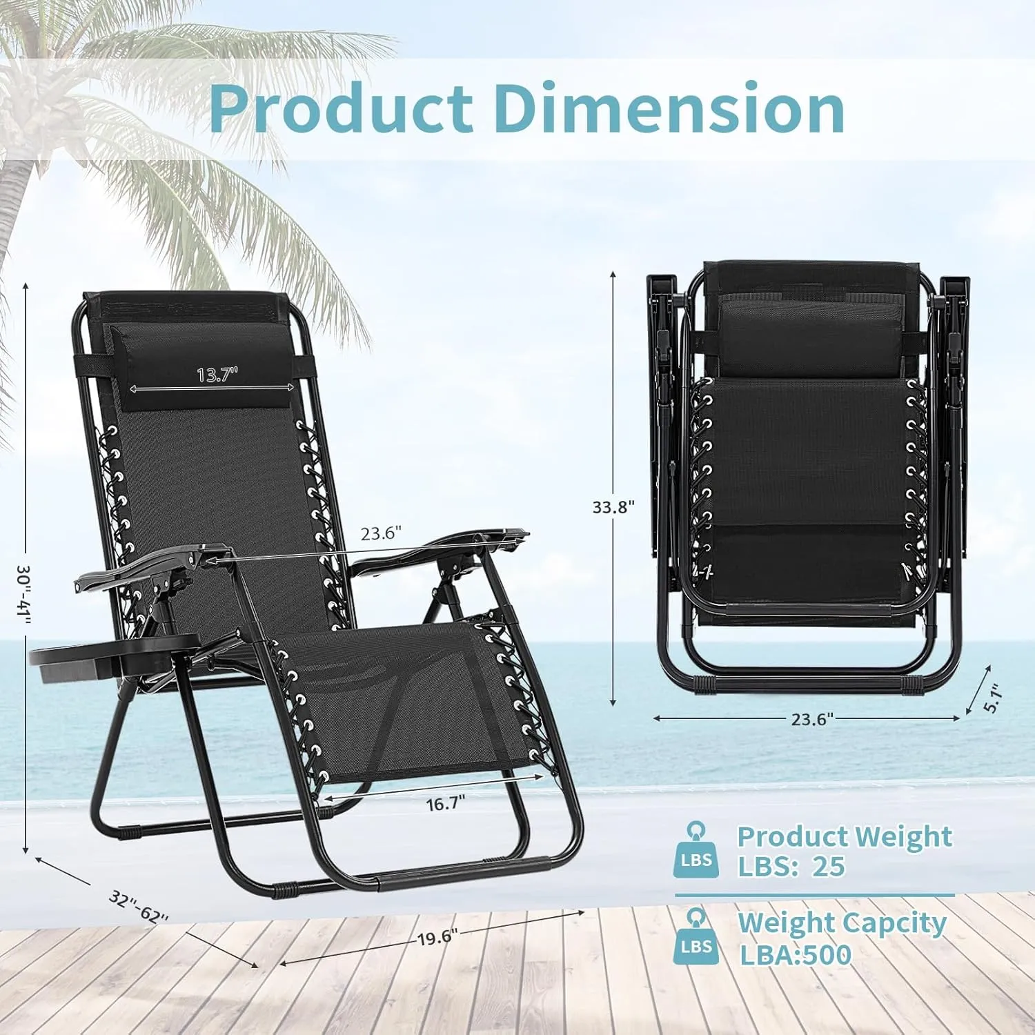 Zero Gravity Chair Set of 2, Folding Reclining zero gravity recliner lounge Chair 330lbs with Pillow and Cup Holder Trays, Steel Mesh outdoor recliners for patio Poolside Backyard Beach (Black)