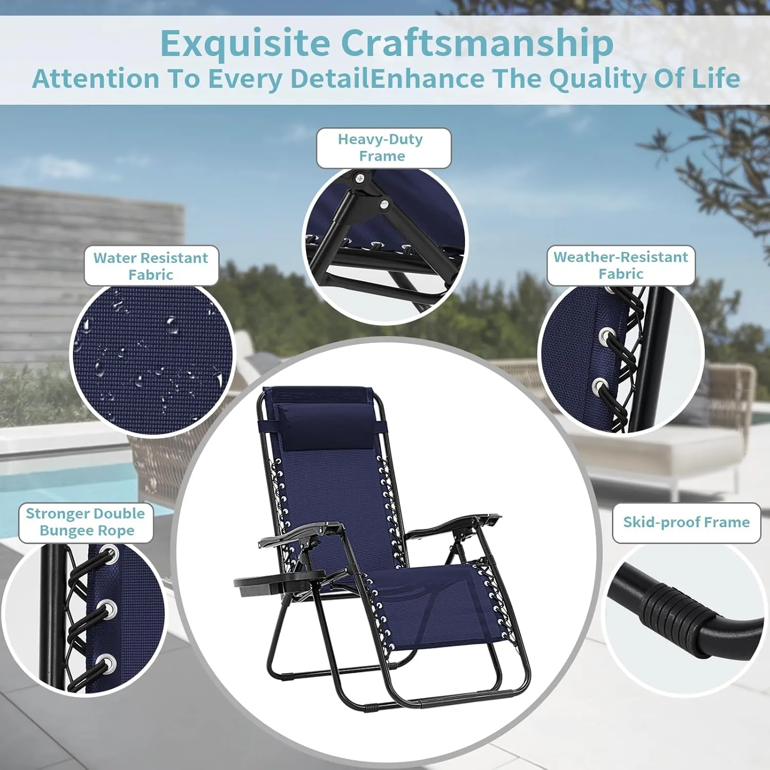 Zero Gravity Chair Set of 2, Folding Reclining zero gravity recliner lounge Chair 330lbs with Pillow and Cup Holder Trays, Steel Mesh outdoor recliners for patio Poolside Backyard Beach (Blue)