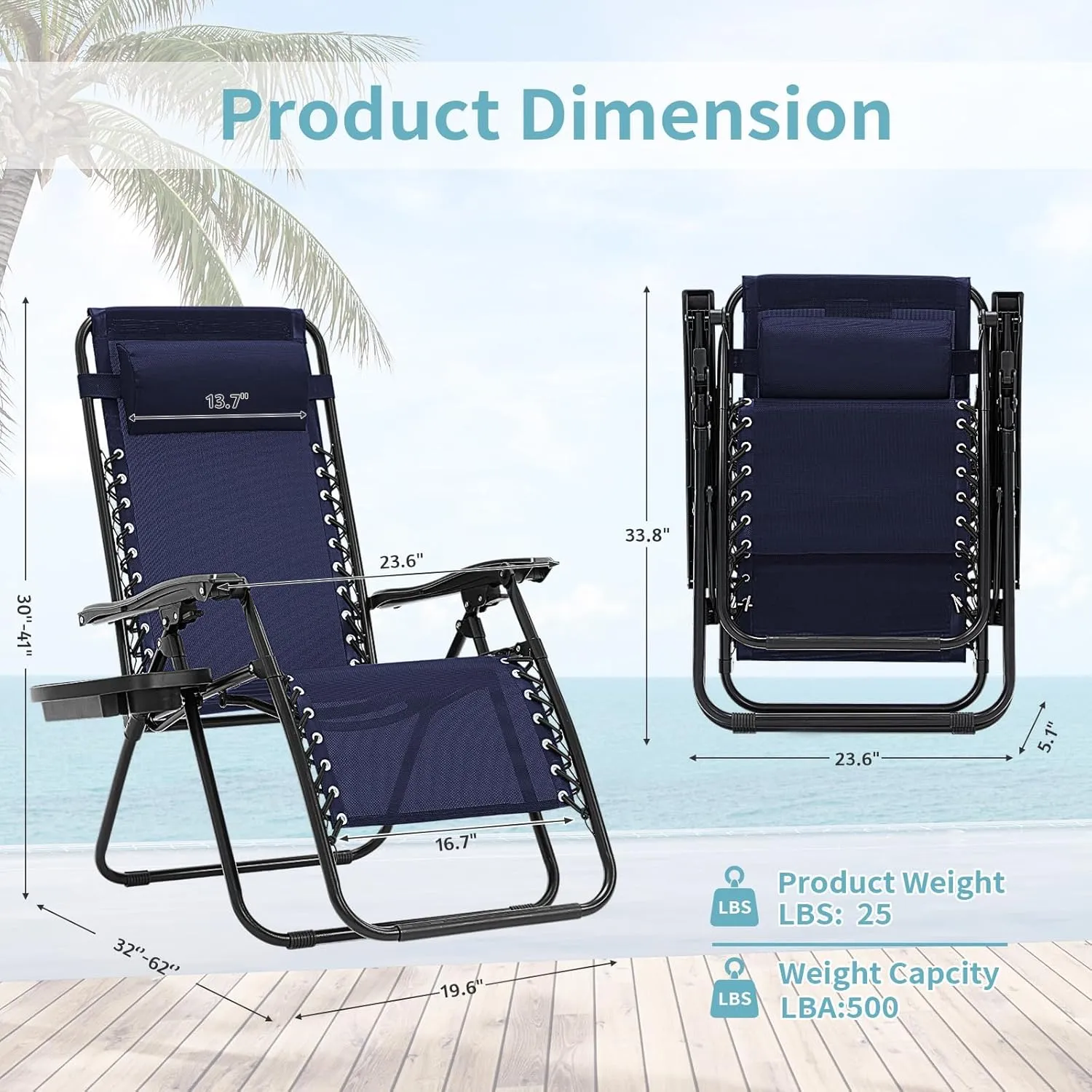 Zero Gravity Chair Set of 2, Folding Reclining zero gravity recliner lounge Chair 330lbs with Pillow and Cup Holder Trays, Steel Mesh outdoor recliners for patio Poolside Backyard Beach (Blue)