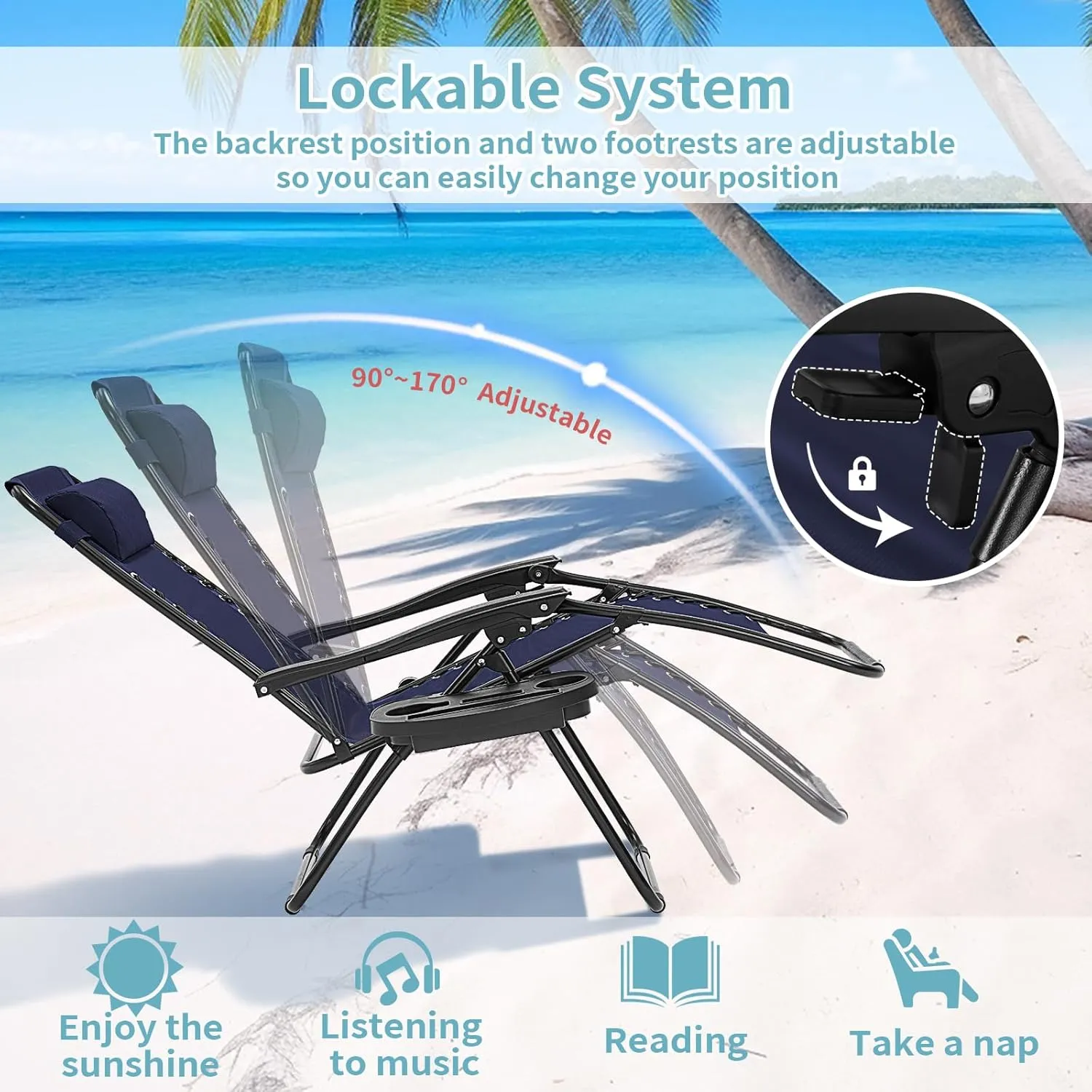 Zero Gravity Chair Set of 2, Folding Reclining zero gravity recliner lounge Chair 330lbs with Pillow and Cup Holder Trays, Steel Mesh outdoor recliners for patio Poolside Backyard Beach (Blue)