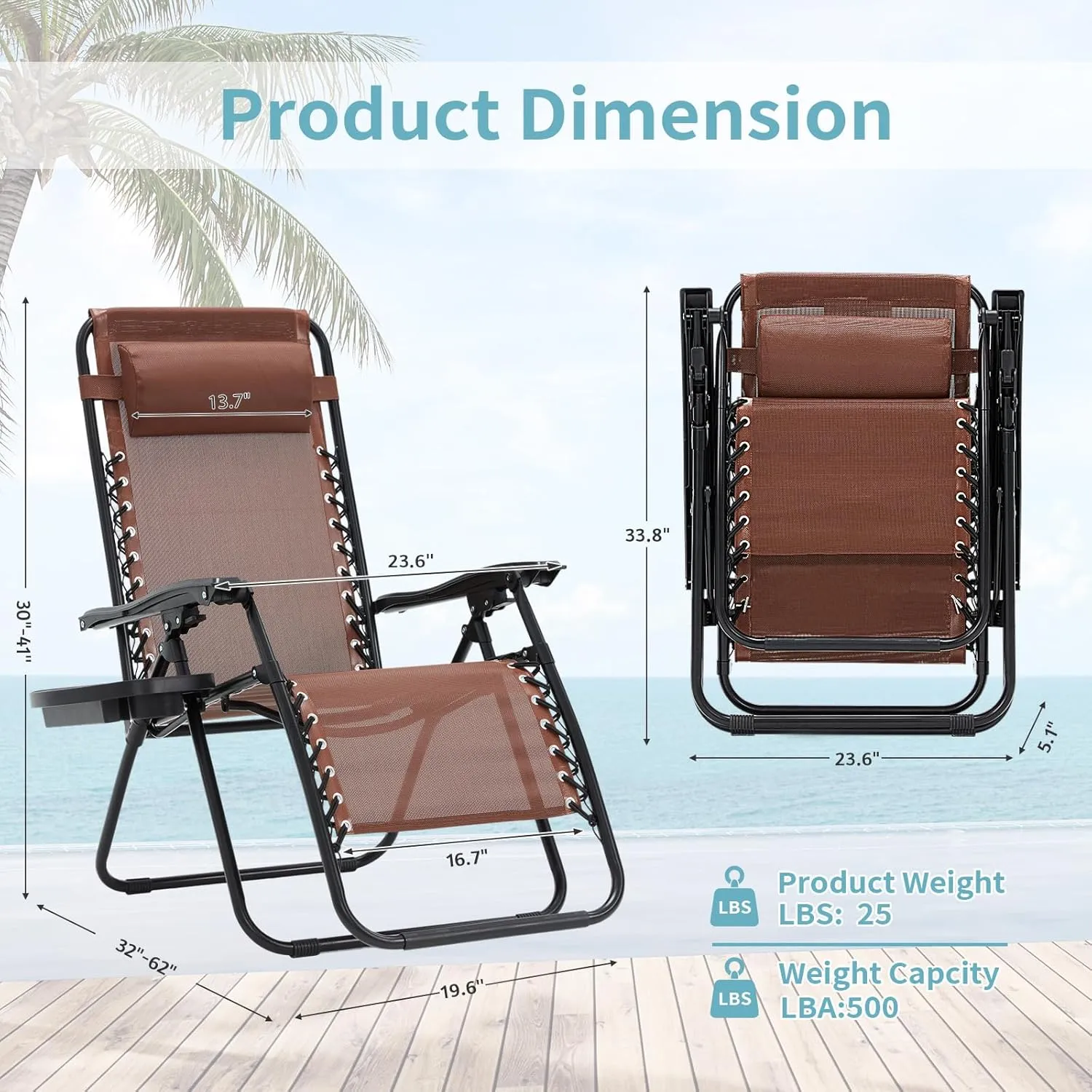 Zero Gravity Chair Set of 2, Folding Reclining zero gravity recliner lounge Chair 330lbs with Pillow and Cup Holder Trays, Steel Mesh outdoor recliners for patio Poolside Backyard Beach (Brown)