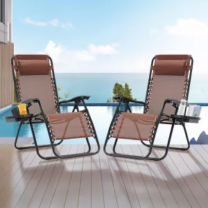 Zero Gravity Chair Set of 2, Folding Reclining zero gravity recliner lounge Chair 330lbs with Pillow and Cup Holder Trays, Steel Mesh outdoor recliners for patio Poolside Backyard Beach (Brown)
