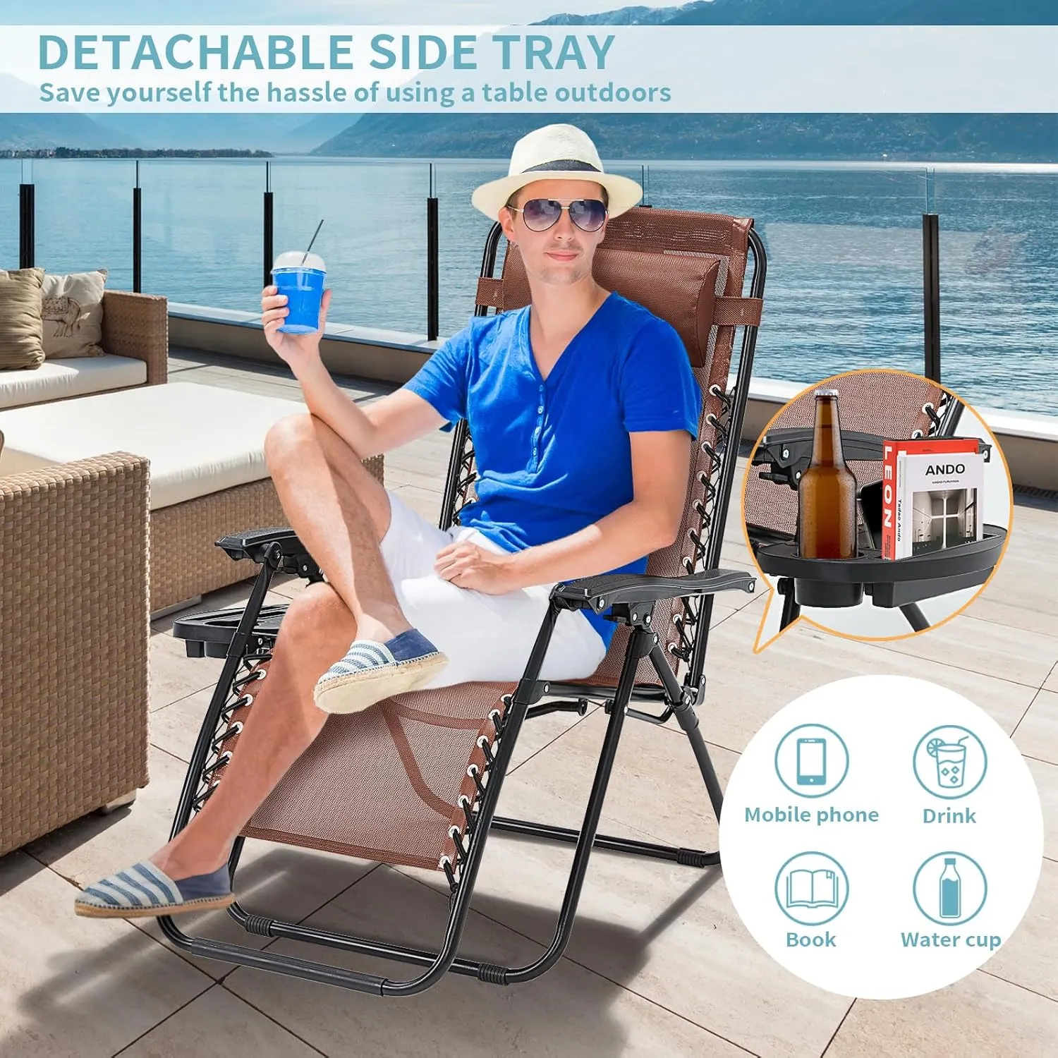 Zero Gravity Chair Set of 2, Folding Reclining zero gravity recliner lounge Chair 330lbs with Pillow and Cup Holder Trays, Steel Mesh outdoor recliners for patio Poolside Backyard Beach (Brown)