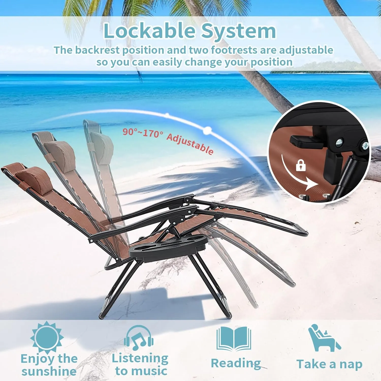 Zero Gravity Chair Set of 2, Folding Reclining zero gravity recliner lounge Chair 330lbs with Pillow and Cup Holder Trays, Steel Mesh outdoor recliners for patio Poolside Backyard Beach (Brown)