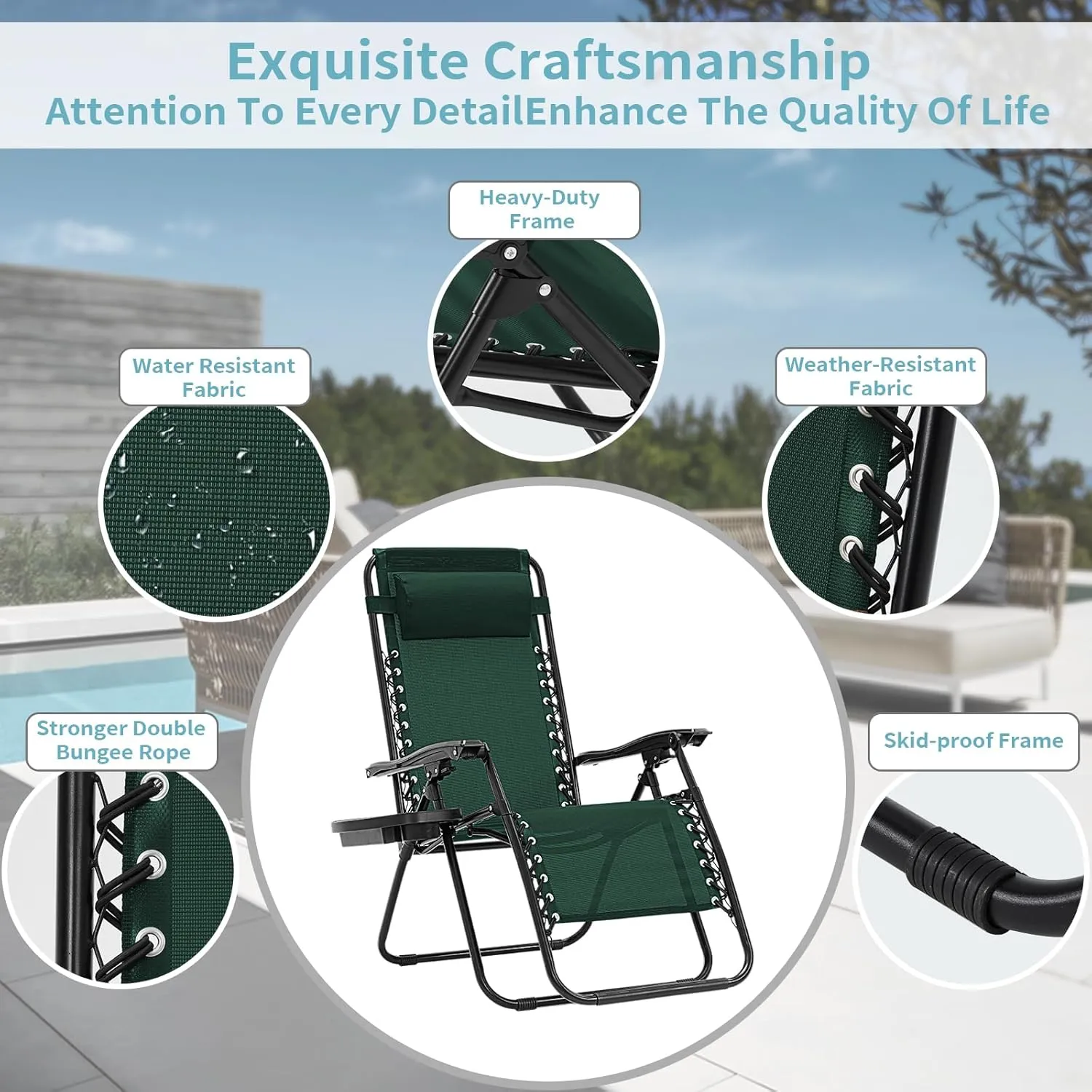 Zero Gravity Chair Set of 2, Folding Reclining zero gravity recliner lounge Chair 330lbs with Pillow and Cup Holder Trays, Steel Mesh outdoor recliners for patio Poolside Backyard Beach (Forest Green)