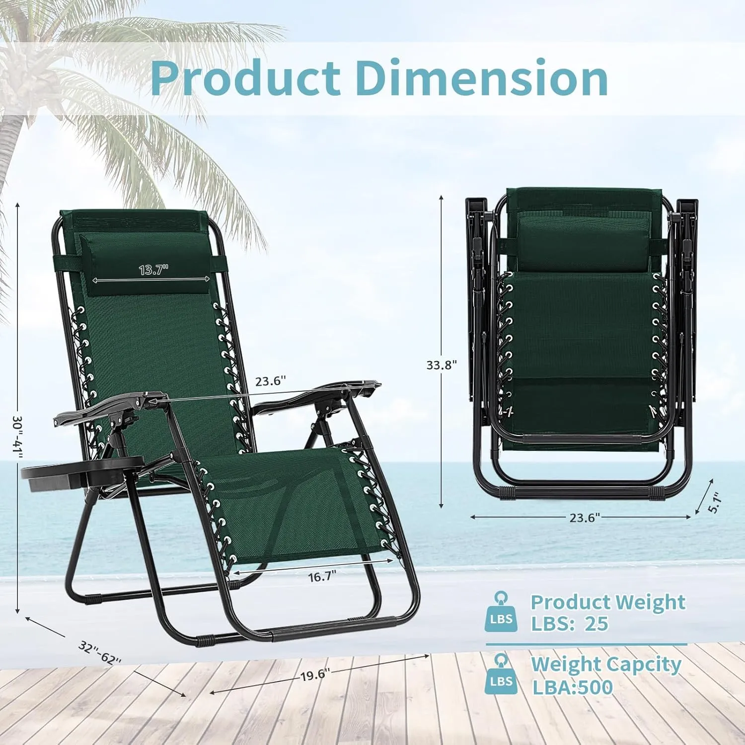Zero Gravity Chair Set of 2, Folding Reclining zero gravity recliner lounge Chair 330lbs with Pillow and Cup Holder Trays, Steel Mesh outdoor recliners for patio Poolside Backyard Beach (Forest Green)