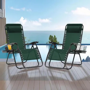 Zero Gravity Chair Set of 2, Folding Reclining zero gravity recliner lounge Chair 330lbs with Pillow and Cup Holder Trays, Steel Mesh outdoor recliners for patio Poolside Backyard Beach (Forest Green)