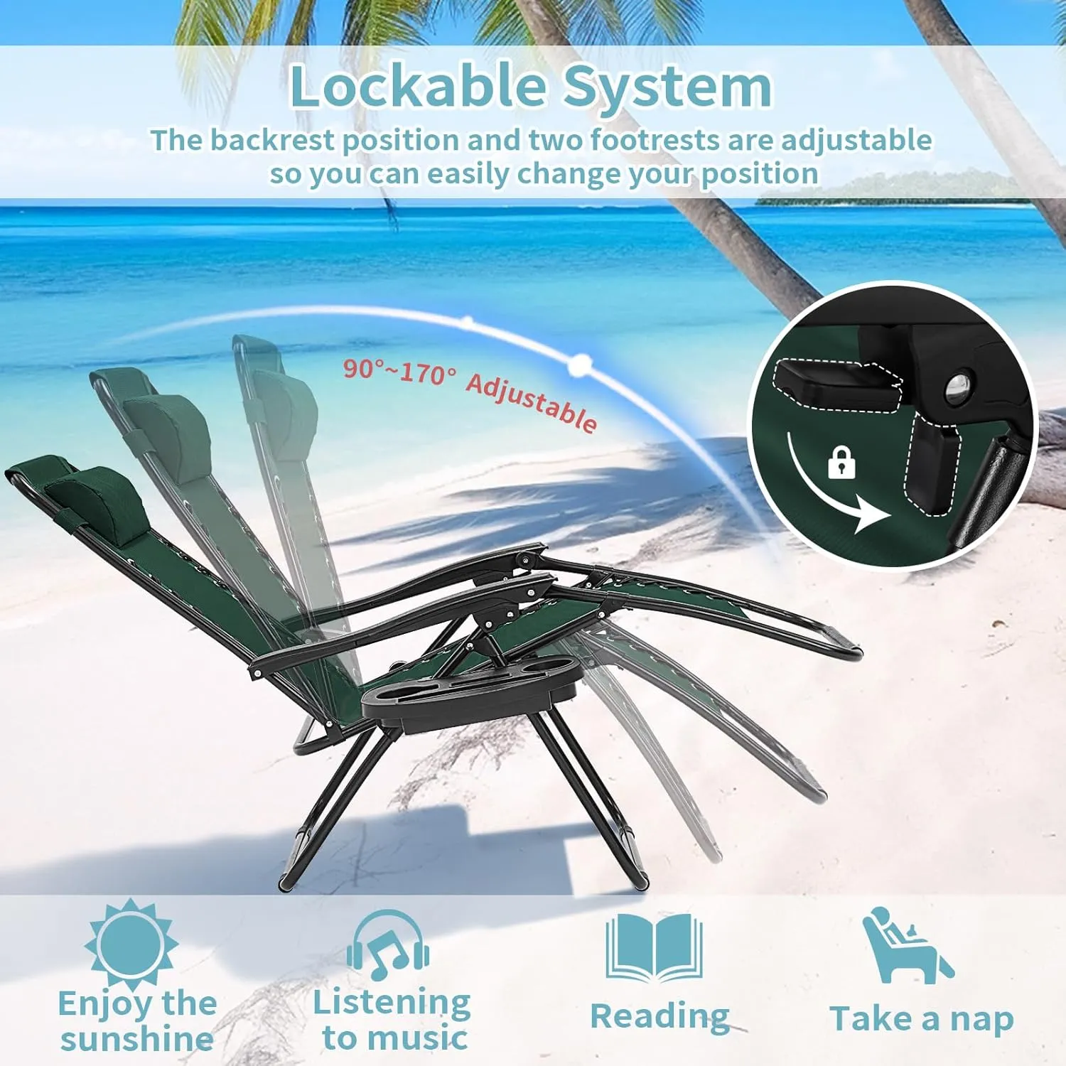 Zero Gravity Chair Set of 2, Folding Reclining zero gravity recliner lounge Chair 330lbs with Pillow and Cup Holder Trays, Steel Mesh outdoor recliners for patio Poolside Backyard Beach (Forest Green)