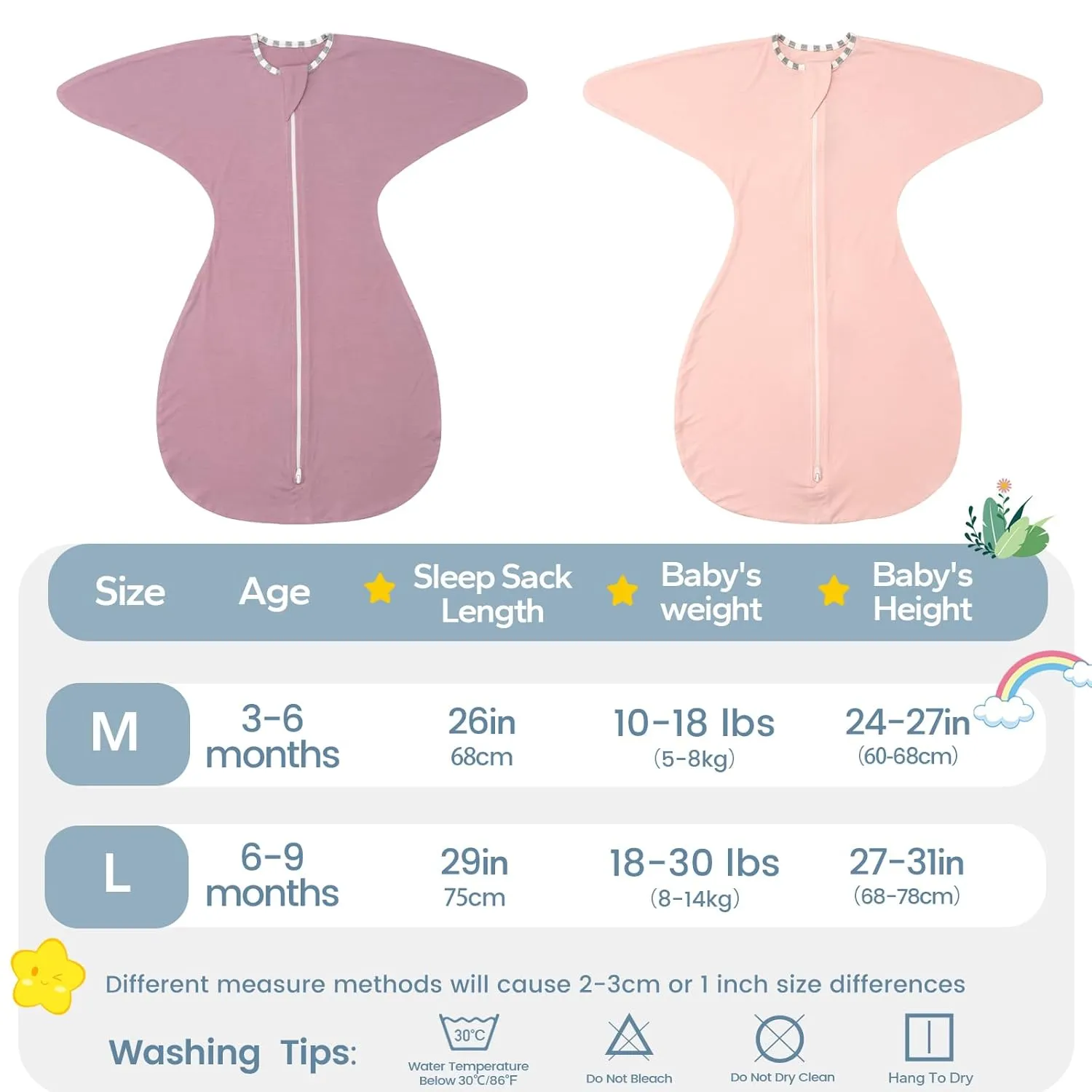 ZIGJOY Shark-Fin Transition Swaddle - 0.5 Tog Rayon Made from Bamboo Sleep Sack Soft Transitional Swaddle Baby Wearable Blanket with 2-Way Zipper, Pink&Purple, 6-12 Months