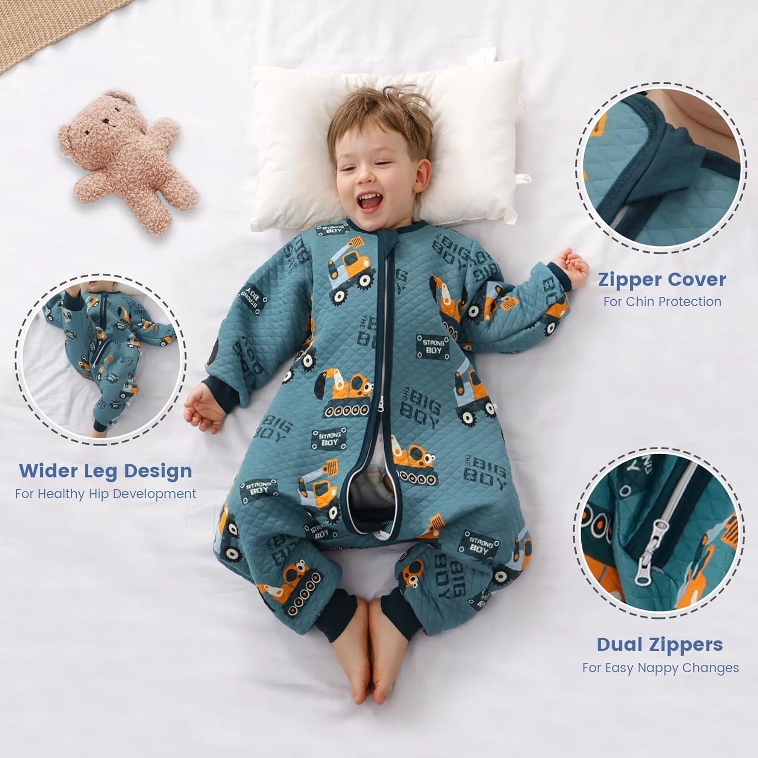 ZIGJOY Toddler Sleep Sack with Feet 1.5 Tog Sleeping Bag with Legs Wearable Blanket Toddler Cotton Footed Sleep Sack for Early Walkers, Excavator, 3T-4T, Large