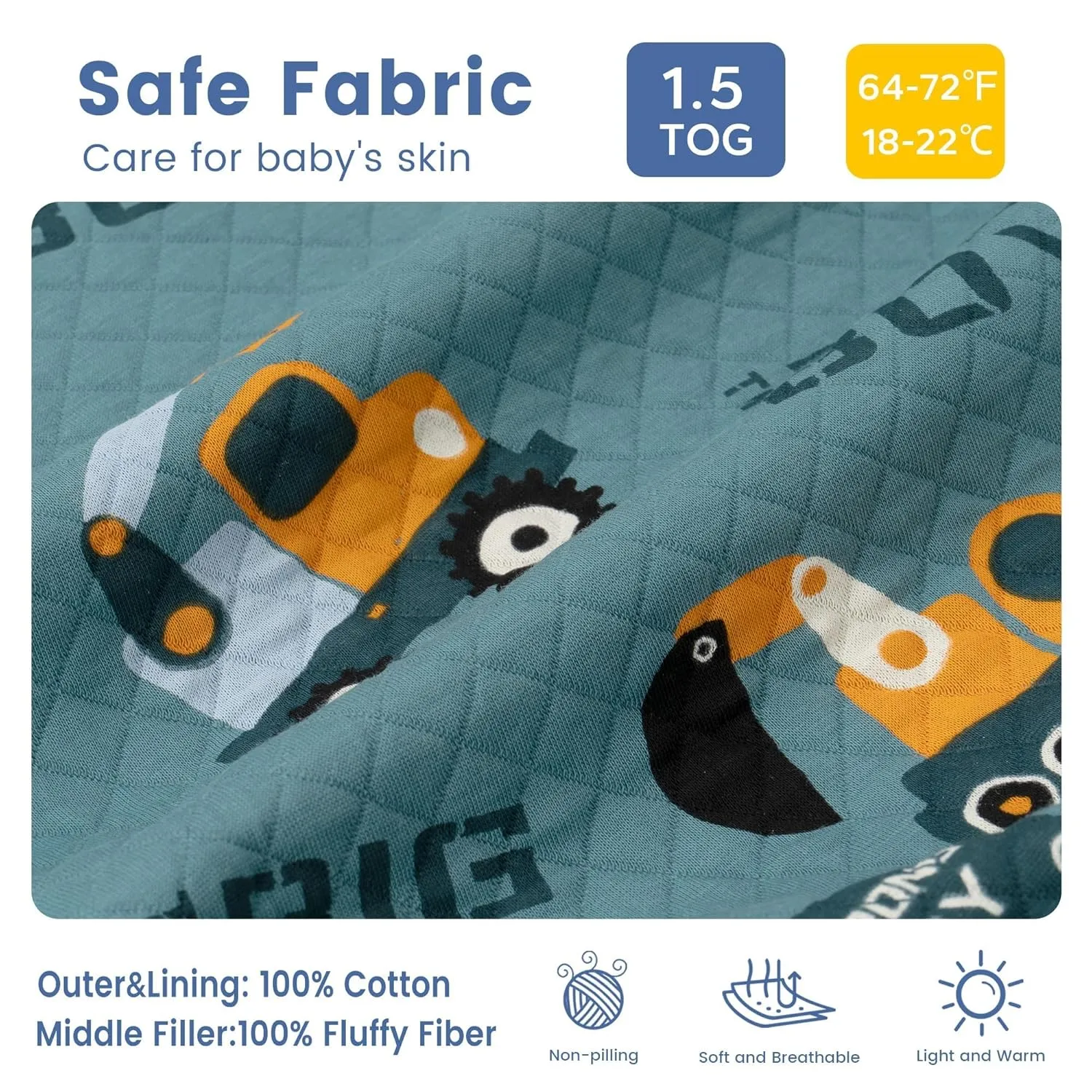 ZIGJOY Toddler Sleep Sack with Feet 1.5 Tog Sleeping Bag with Legs Wearable Blanket Toddler Cotton Footed Sleep Sack for Early Walkers, Excavator, 3T-4T, Large