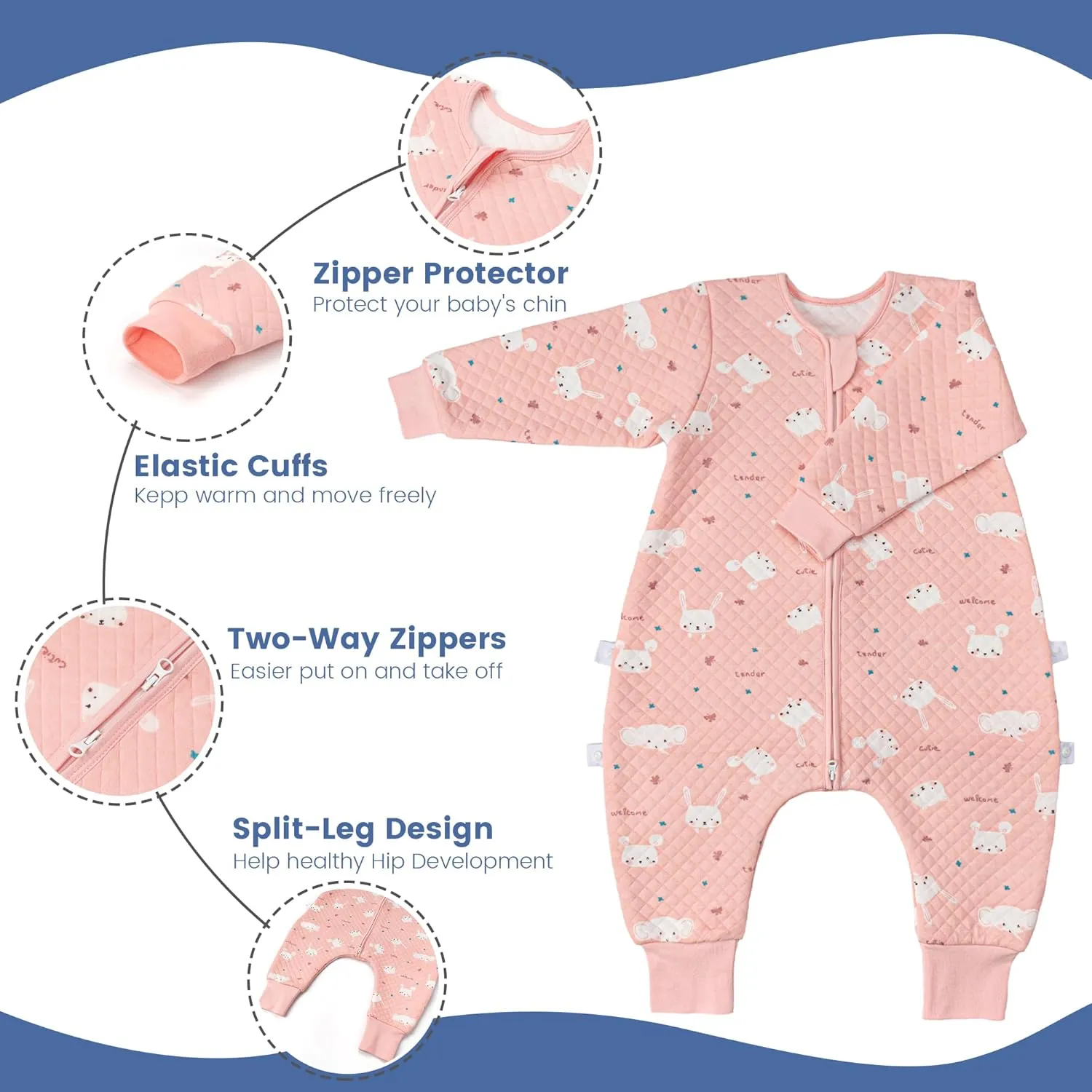 ZIGJOY Toddler Sleep Sack with Feet 1.5 Tog Sleeping Bag with Legs Wearable Blanket Toddler Cotton Footed Sleep Sack for Early Walkers, Rabbit, 12 Months-2T, Small