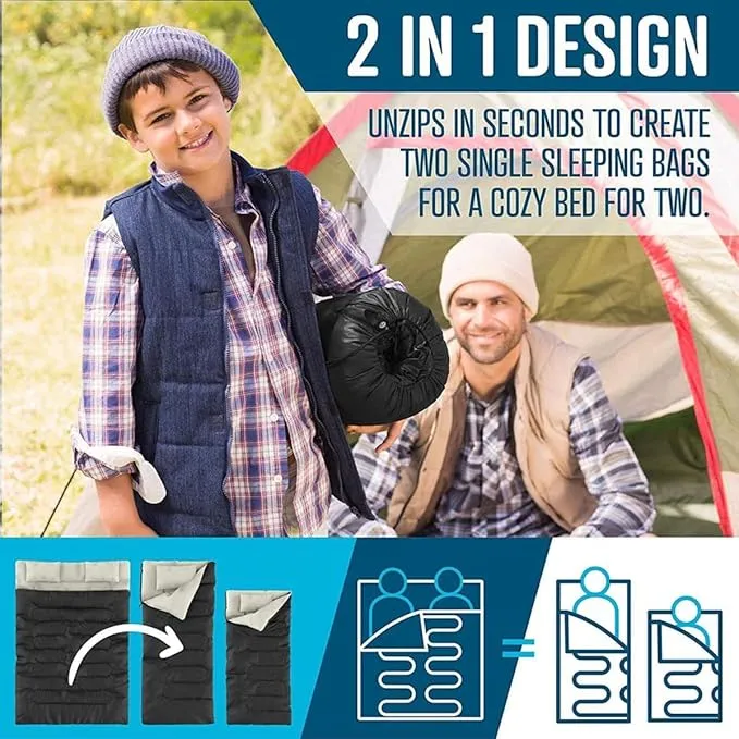 Zone Tech Double Camping Sleeping Bag with 2 Pillows – 3-4 Season Lightweight Waterproof Warm & Cool Weather Adult & Kids Sleeping Bag Converts into 2 Single -Camping, Hiking, & Outdoors
