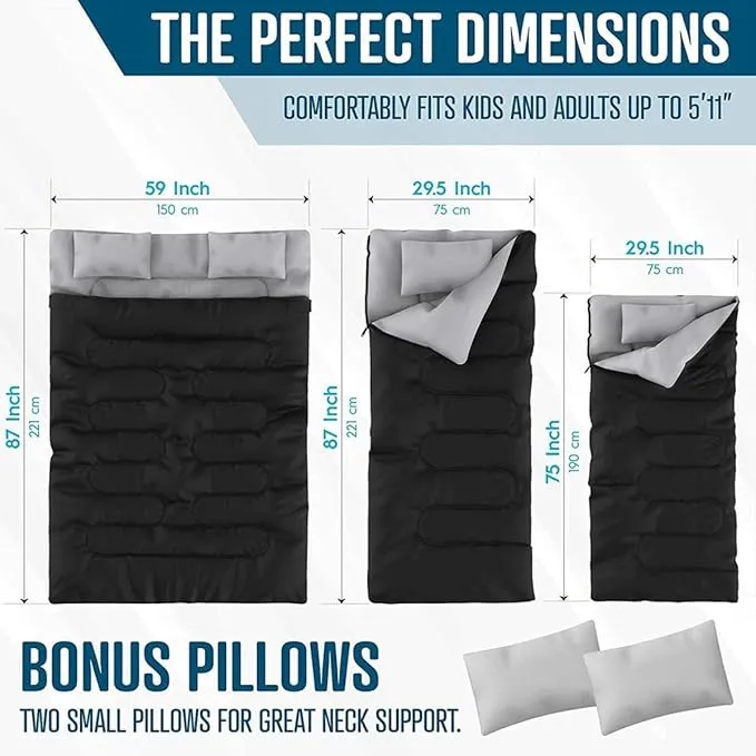 Zone Tech Double Camping Sleeping Bag with 2 Pillows – 3-4 Season Lightweight Waterproof Warm & Cool Weather Adult & Kids Sleeping Bag Converts into 2 Single -Camping, Hiking, & Outdoors
